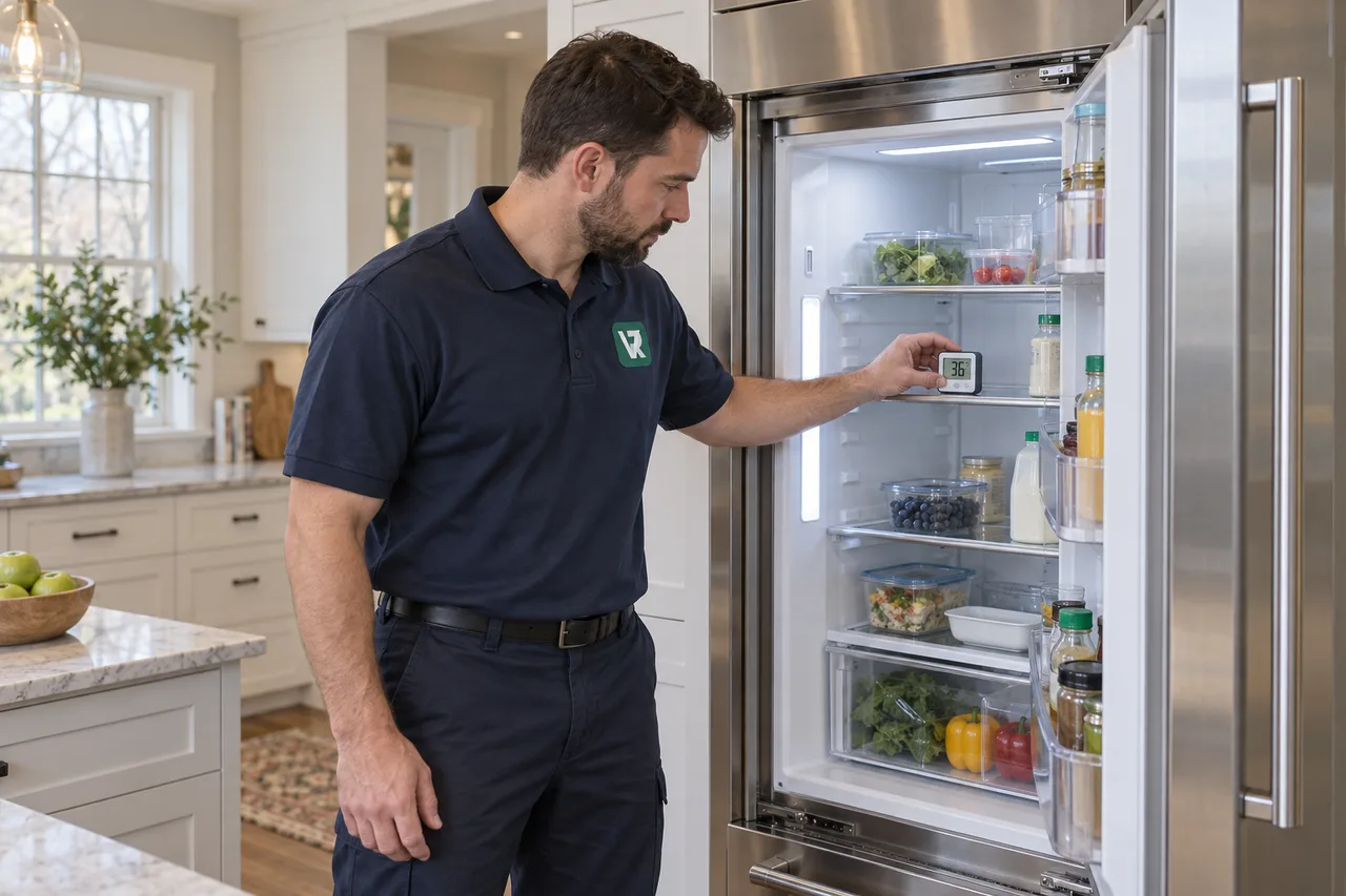 Service illustration of a technician wearing the green VR logo and checking a refrigerator.