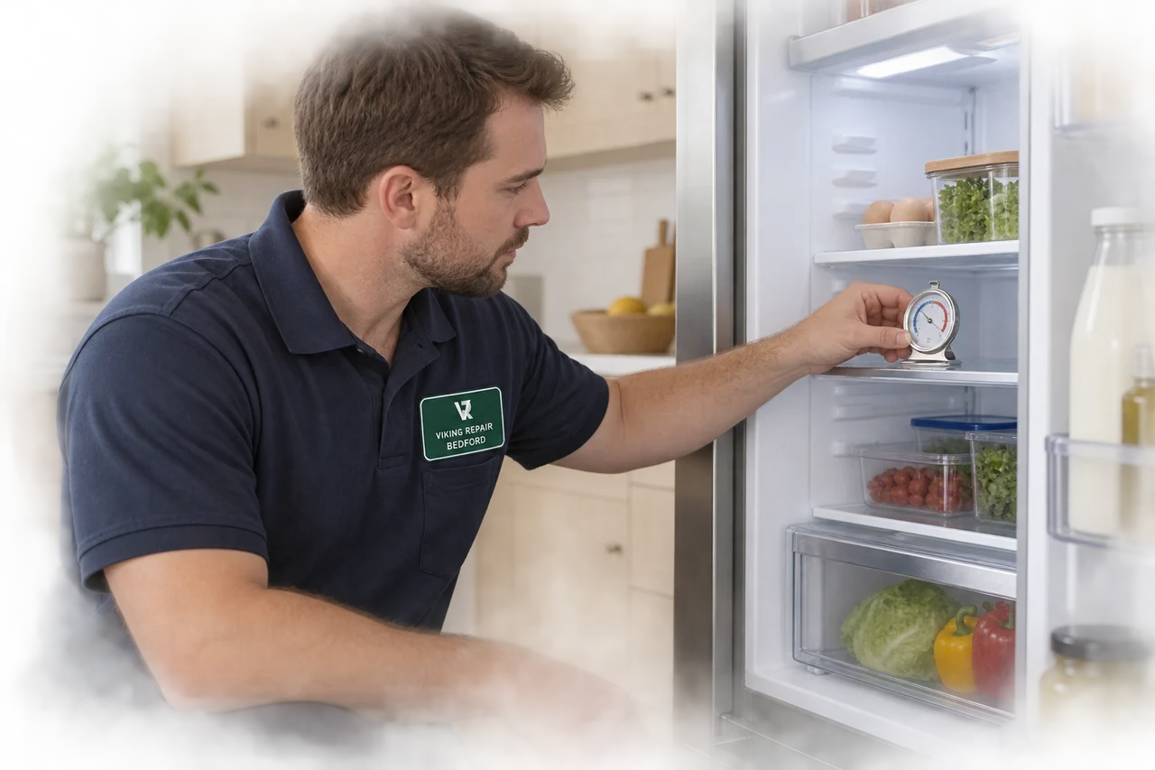 Illustrative technician checking a refrigerator thermometer in a Bedford uniform.